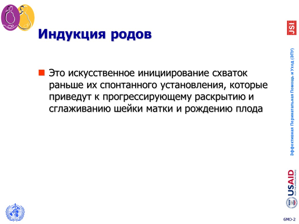 Индукция родов Это искусственное инициирование схваток раньше их спонтанного установления, которые приведут к прогрессирующему